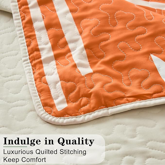 Yogeneg Queen Quilt Bedding Set,White Orange Botanical Pattern Beige Full/Queen Quilt Set,3 Piece Lightweight Soft Summer Bedspread Coverlet with 2 PIillow Shams,All Season(Beige,90"x96")