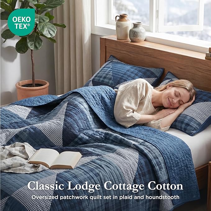 Woolrich Reversible Quilt Set - Cottage Styling Reversed to Solid Color, All Season Lightweight Coverlet, Cozy Bedding Layer, Matching Shams, Oversized King/Cal King, Olsen Geometric Blue