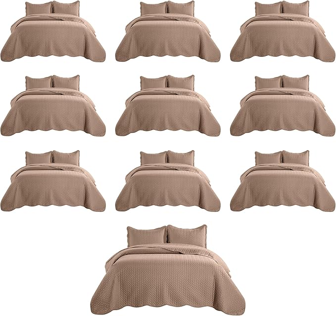 IR Imperial Rooms Queen Quilt Bedding Set (90" x 96") - Bulk Pack of 10 Wholesale for Hotels, Guest Bedroom & Airbnbs - Lightweight Microfiber Reversible Embossed Quilts Bedspreads (Beige)