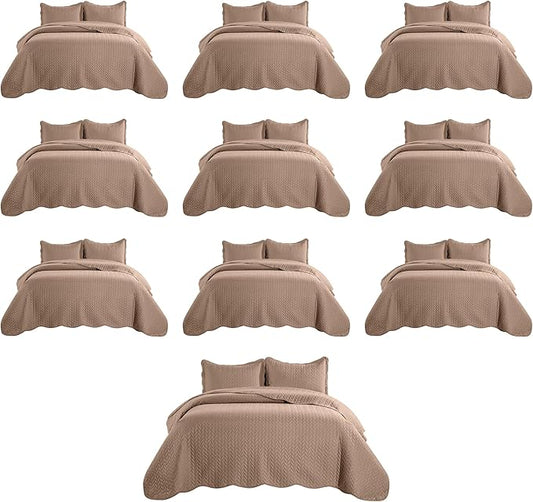 IR Imperial Rooms Queen Quilt Bedding Set (90" x 96") - Bulk Pack of 10 Wholesale for Hotels, Guest Bedroom & Airbnbs - Lightweight Microfiber Reversible Embossed Quilts Bedspreads (Beige)