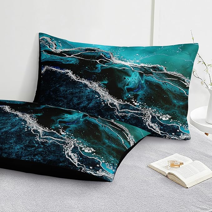 Black Marble Comforter Set 8 Pcs Turquoise Blue Bedding Set King Size Bed in A Bag Blue and Black Stone Texture Abstract Room Decor Black Marble Bed Comforter