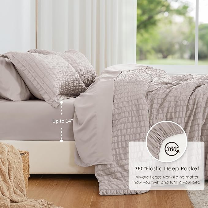 Love's cabin Seersucker Burlwood Twin XL Comforter Set, 5-Piece All Season Lightweight Bed in a Bag Bedding Set with Comforter, Flat Sheet, Fitted Sheet, Pillowcase and Sham | Soft, Breathable, Lightweight