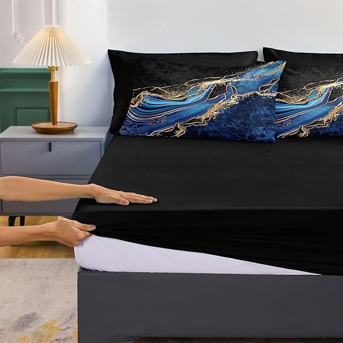 Blue and Gold Bedding Blue Marble Comforter Set 8 Pieces Queen Bed in a Bag with 1 Black Gold Comforter, 1Flat Sheet, 1 Fitted Sheet, 4 Pillowcases, 1 Marble Cushion Cover