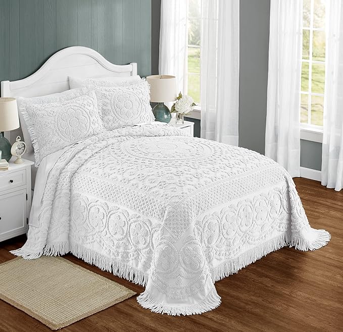 Montgomery Ward Emily Floral Chenille Bedspread, Soft Cotton Comforter Set, Queen Size Quilt - Luxury Hotel Bedding, Queen Bedspread (White, Queen)