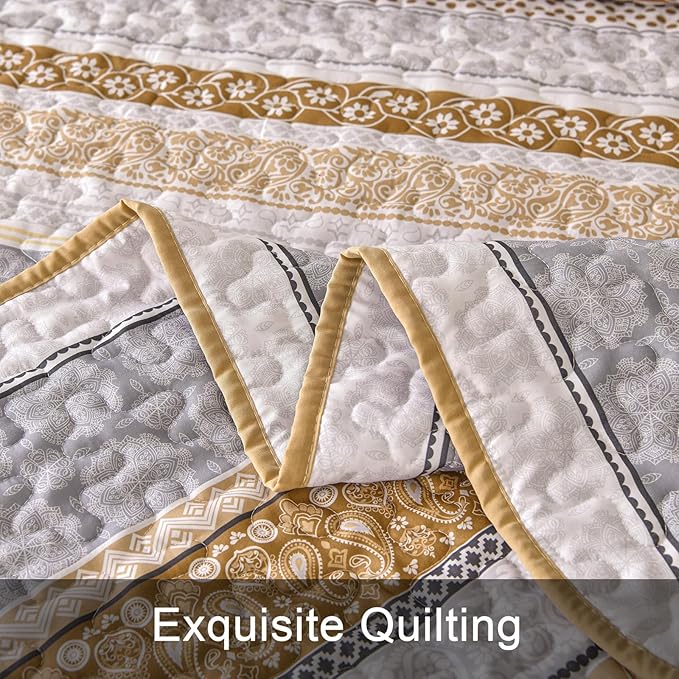 WONGS BEDDING Boho Quilt Set King Size, Brown Bohemian 3 Pieces Fall Quilt Sets, Lightweight Bedspread Coverlet Bedding Set for All Season (104"x90")