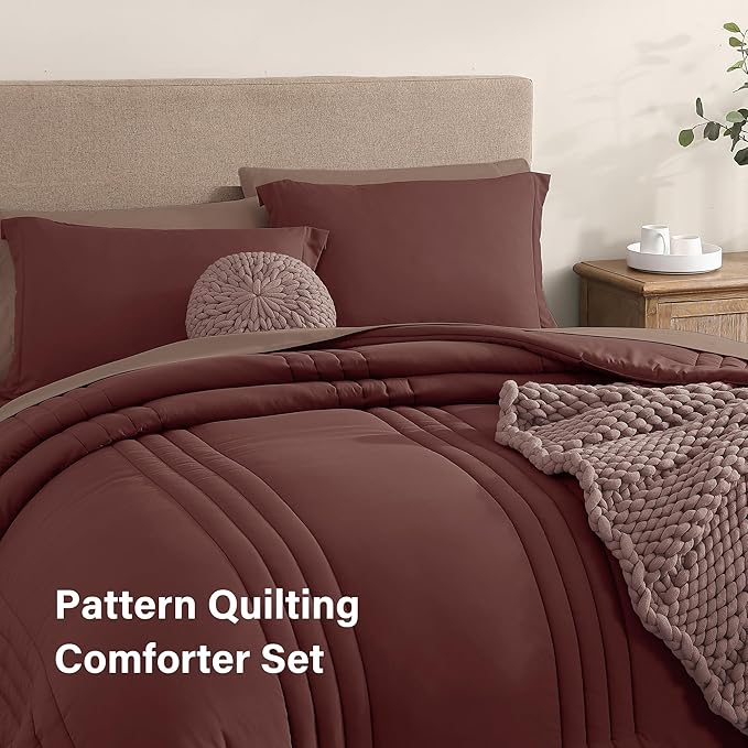 Monbix Queen Comforter Set - 7 Pieces Dark Red Bed in a Bag Queen Bedding Sets with Comforters, All Seasons Comforter Bed Set with Sheets, Pillowcases & Shams