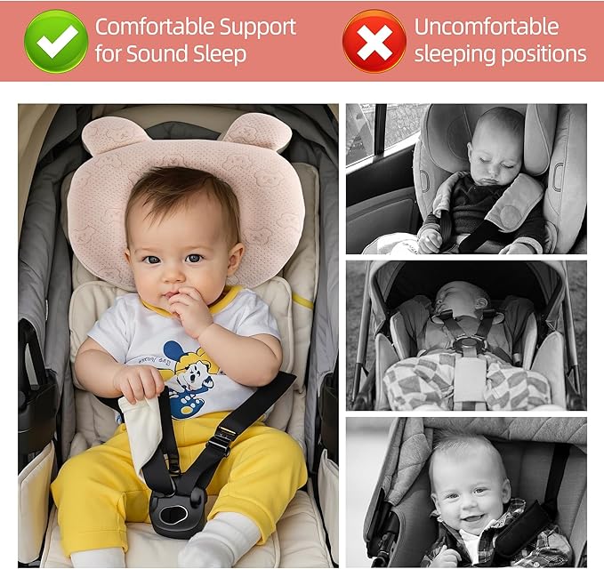 Portable Baby Pillow, Adjustable Cute Cartoon Bear Soft and Cozy Pillow, Ergonomic Design Soft Hypoallergenic Pillows for Newborn Babies Sleeping Prevent Flat Head