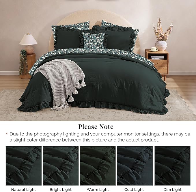 Twin XL Comforter Set - 5 Pieces Ruffle Forest Green Floral Bedding Sets, Shabby Chic Farmhouse Bed in a Bag with Ruffle Comforter, Floral Sheets, Pillowcase & Sham