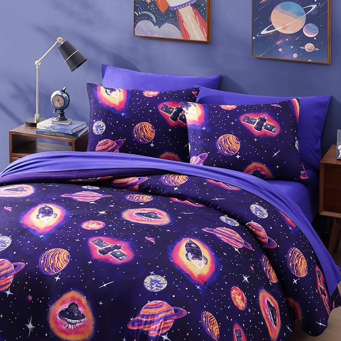 Twin Kids Comforter Set - 5 Pieces Twin Bedding Sets for Boys Teen, Outer Space Rocket Bed in A Bag with Sheets