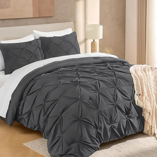 Andency Dark Grey King Size Comforter Set, 3 Piece Gray Pinch Pleat Fluffy Lightweight Bedding Set, All Season Soft Microfiber Bed Set