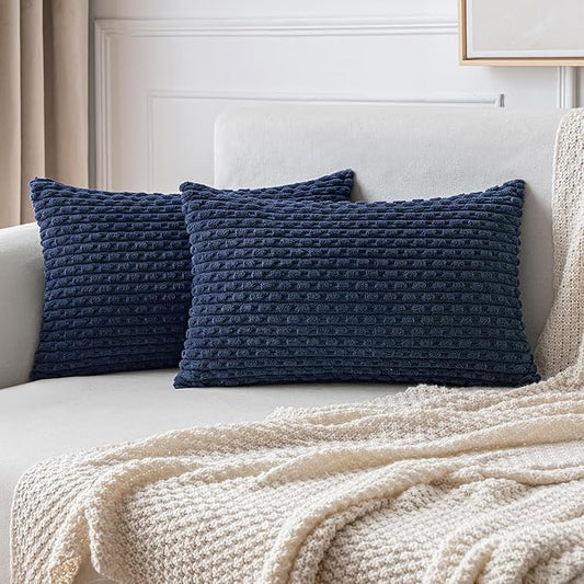 MIULEE Pack of 2 Decorative Lumbar Throw Pillow Covers 12x20 Inch Soft Boho Striped Textured Corduroy Pillow Covers Modern Farmhouse Home Decor for Couch Bed Sofa Living Room Navy Blue