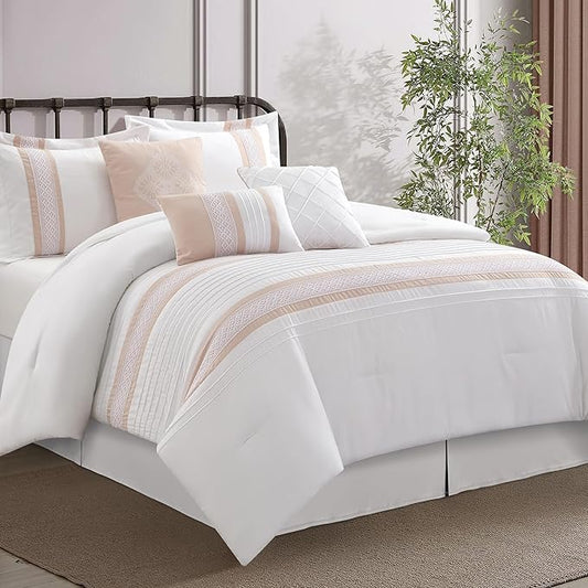 7 Piece Comforter Set, Pink White, Queen Size, Boho Style Geometric Microfiber Embroidery, Bed in a Bag with Bedskirt, Pillow Shams and Decor Pillows