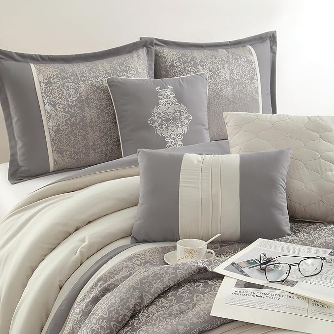 Grand Avenue7 Piece Grey Comforter Set, California King Size, DamaskJacquard Home Decor, Matcking Bed Skirt, Decorative Pillows & Shams, All Season Cozy Bedding Set
