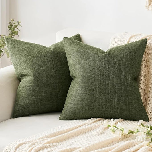 MIULEE Pack of 2 Decorative Linen Burlap Pillow Covers Farmhouse Boho Accent Pillowcases for Sofa Car Couch Bedroom Living Room Decor 20x20 Inch Dark Olive Green