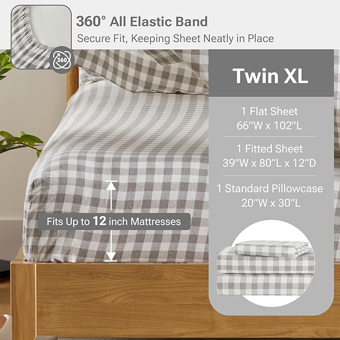 Sleep Philosophy True North 100% Cotton Flannel Sheets Twin XL, Cozy Flannel Sheet Set Brushed for Extra Softness, Heavyweight Novelty Print Warm Flannel Bedding Set, Gray Herringbone Check 3 Piece