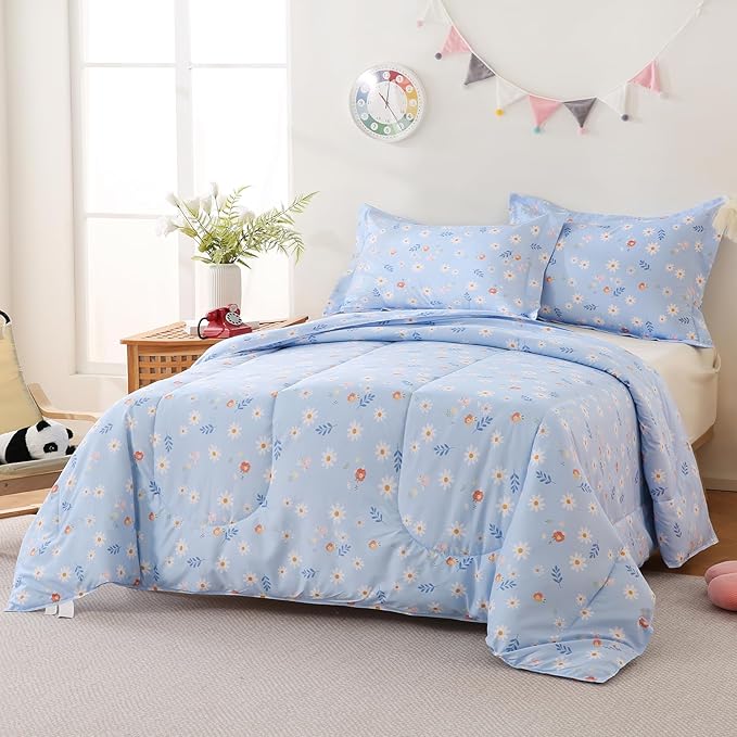 Yibeizi Blue Floral Comforter Set for Girls Full Size, Kids Cute Patterned Bedding Set with Pillow Sham, Lightweight Soft Breathable Machine Washable Quilt Bed Comforter Set 3 Piece