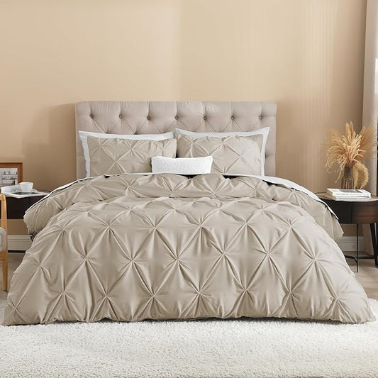 Litanika Oatmeal Oversized Queen Pinch Pleat Duvet Cover, 3 Pieces Pintuck Cover Soft Microfiber Bedding Set with Zipper Closure & Corner Ties(1 Duvet Cover, 2 Pillowcases)
