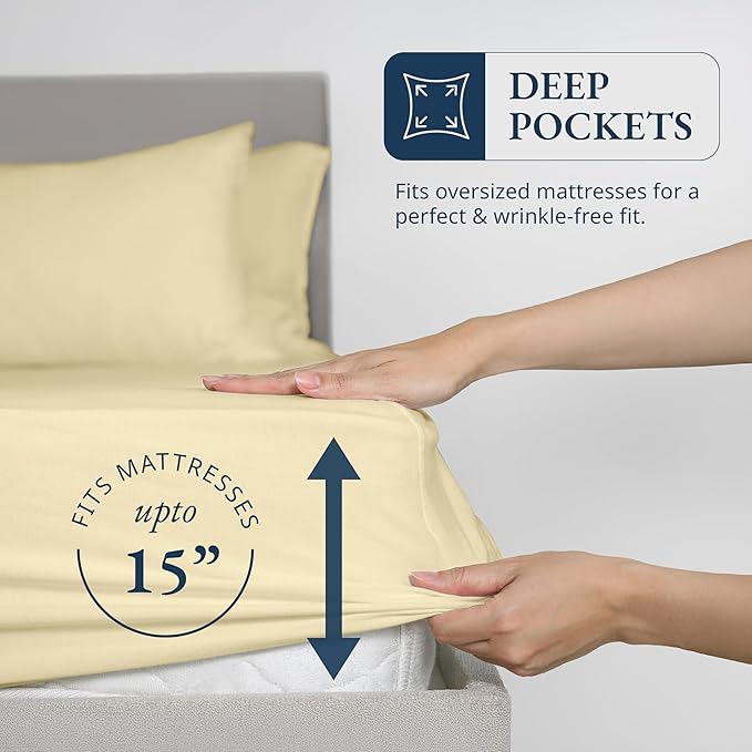 LANE LINEN Twin Fitted Sheets, 100% Organic Cotton 2-Piece Set (1 Fitted Sheet, 1 Pillowcase), Percale Weave, Bottom Sheet, Soft, Breathable, Fits Mattress Upto 15' Deep - Vanilla (No Flat Sheet)