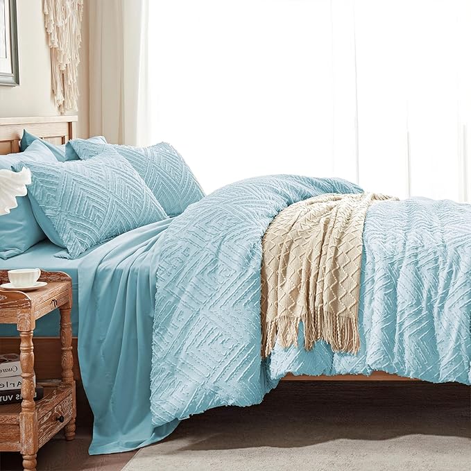 Zzlpp Full Comforter Set 7 Pieces, Light Blue Tufted Bed in a Bag with Comforter and Sheets, All Season Boho Bedding Sets with Comforter, 2 Pillow Shams, 2 Pillowcases, 1 Flat Sheet, 1 Fitted Sheet