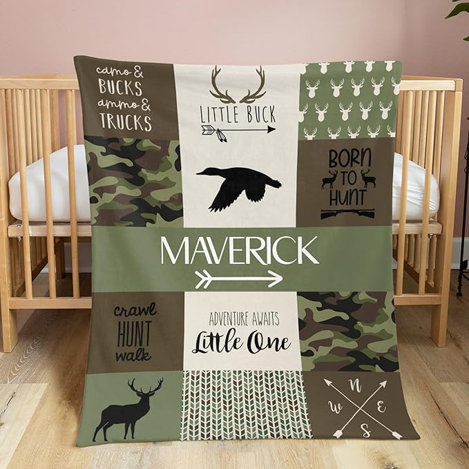 Personalized Baby Blankets for Boys, Baby Blanket for Boys with Name, Soft Plush Receiving for Newborns - Essential Baby Items, Camo Woodland Bear 35x45 Inches
