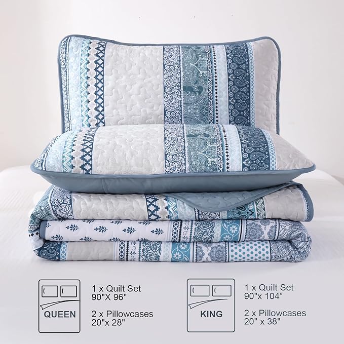 WONGS BEDDING Boho Quilt Set Oversize California King Size, Blue Bohemian 3 Pieces Quilt Sets, Lightweight Bedspread Coverlet Bedding Set for All Season (112"x104")