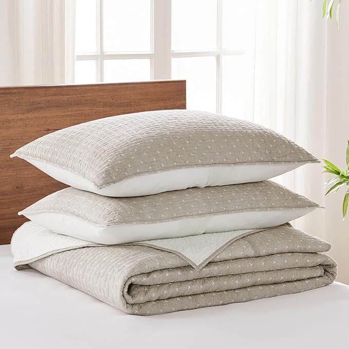 Levtex Home Cross Stitch Reversible King Bedspread Set (120x104in) with 2 Pillow Shams (36x20in) - Stitch Texture - Taupe - Cotton King Size Bedspread Set - Soft, Pre-Washed