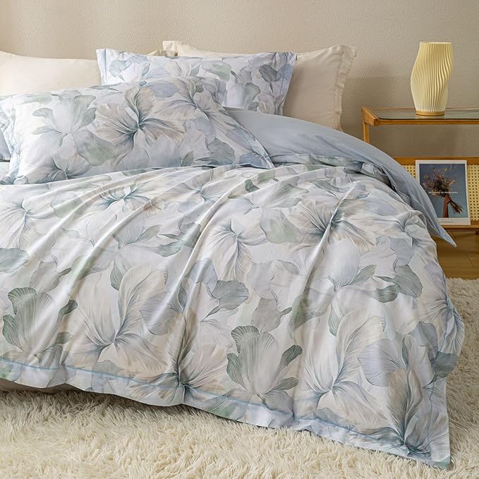 OAITE Duvet Cover Set King Size Floral Pattern Ultra Soft 100% Cotton Duvet Cover Sets 3-PC, Breathable Duvet Cover with Zipper Closure & Corner Ties(2 Pillow Shams,1 Duvet Cover)