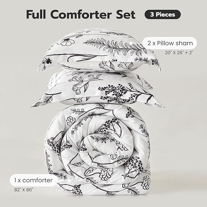 Joiedomi Full Size Comforter Set White, 3 Pieces Floral Full Bedding Set with 1 Soft Reversible Botanical Comforter and 2 Pillow Shams, Bed in a Bag for All Seasons