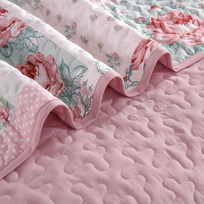 Patchwork Quilt Set Queen Size, Pink Floral Plaid Bedspread Coverlet Set Boho Rustic Quilt Bed Cover, 3 Piece Soft Microfiber Reversible Pink Grey Bedding Set for Women Girls
