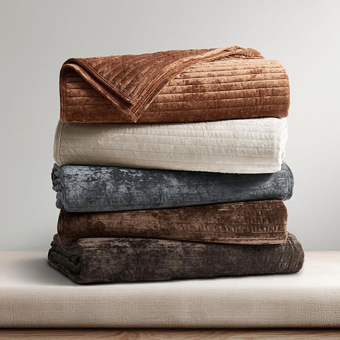 EVERGRACE Velvet Quilt Set California King 118'' x 106'', Luxurious Soft Striped Channel Bedding Set, Lightweight Velvet Comforter for All Season, Oversized Bedspread Coverlet w/ 2 Shams, Rust Brown