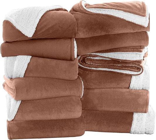 MOONLIGHT20015 Camel Sherpa Fleece Throw Blanket Twin Size for Bed - Wholesale Bulk Pack of 12 Sherpa Blankets - Soft Fluffy Throw Blankets for Hotels, Guest Bedroom, 60x80 Inches