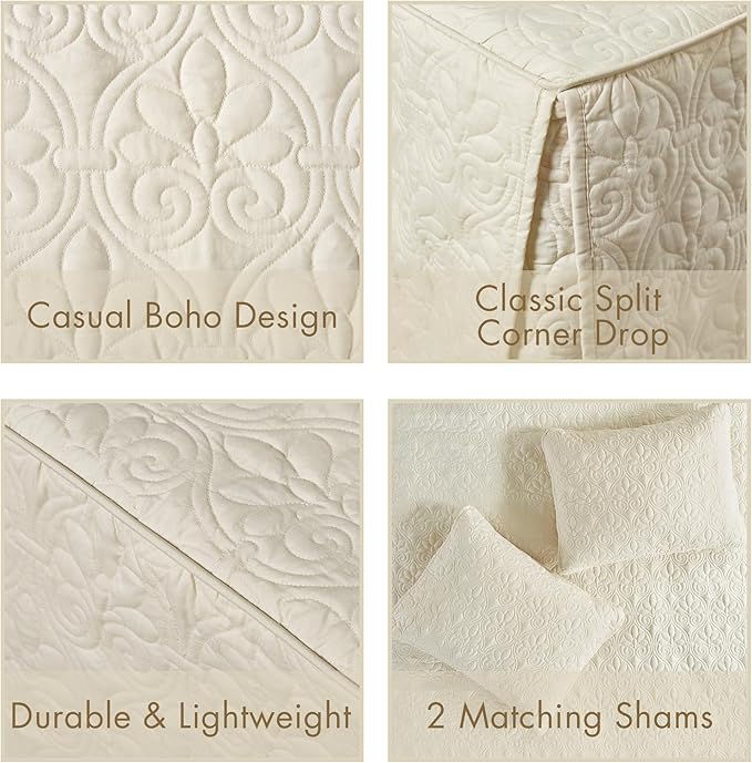 Madison Park Quebec Split Corner Quilted Bedspread Classic Traditional Design All Season, Lightweight, Bedding Set, Matching Shams, Queen, Damask Quilted Cream 3 Piece