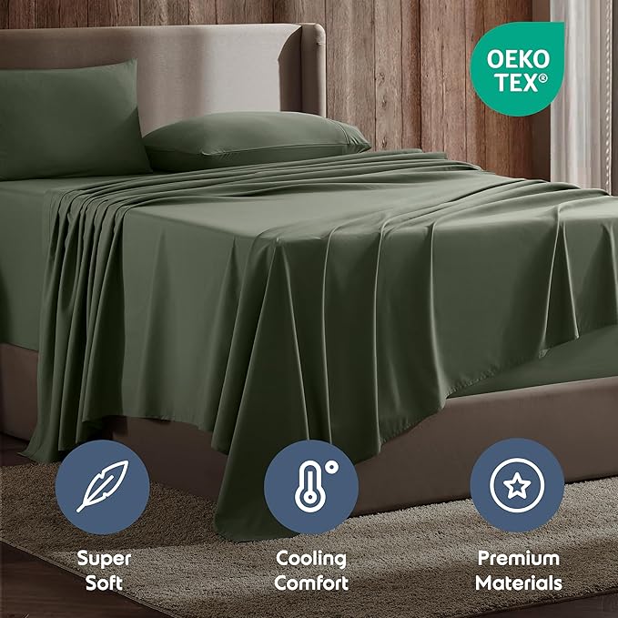 Nestl Split King Sheet Set - 1800 Ultra-Soft Microfiber Bed Sheets - Double Brushed - Deep Pockets - Easy Fit - 5 Piece Set - Bed Sheets & Pillowcases (Split King, Olive Green)