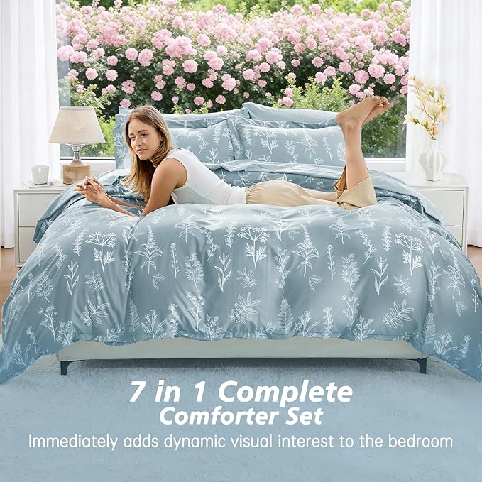 MUXHOMO Mineral Blue Bed in a Bag Queen 7 Pieces, Queen Comforter Set Reversible Botanical Flowers Design, Ultra Soft & Breathable Bedding Sets with Comforter, Sheets, Pillowcases & Shams