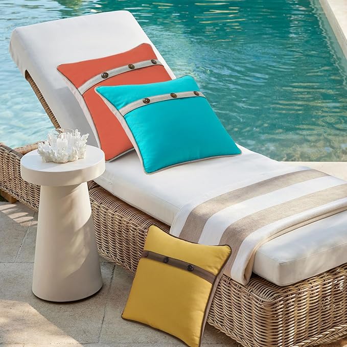 Outdoor Sunbrella Decorative Pillows with Triple Coconut Buttons Pack of 4, 18" x 18" Outdoor Pillow Set for Couch Bed Throw Patio Sofa, Canvas Aruba/Cast Ash