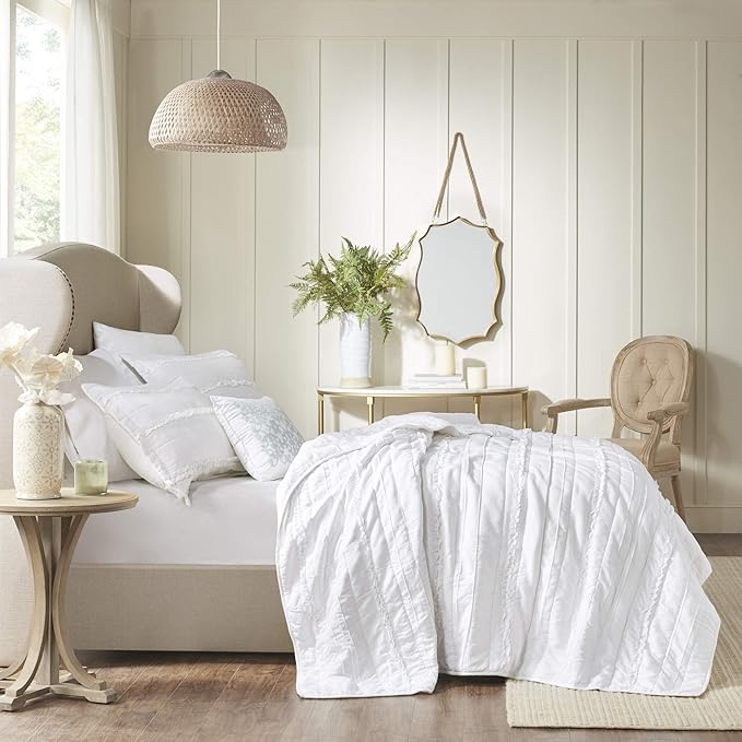 Madison Park Celeste Quilt Modern Classic Design All Season, Breathable Coverlet Lightweight Bedding Set, Matching Shams, Decorative Pillow, Full/Queen(90"x90"), Ruffle White 4 Piece