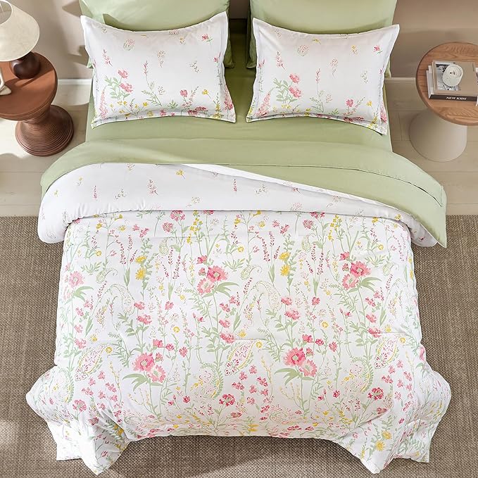 Yiran 7 Piece Pink Green Floral Comforter Set Queen Size, Cute Botanical Comforters Cottagecore Flower Bed in a Bag Soft Complete Farmhouse Bedding Set with Sheets for All Season