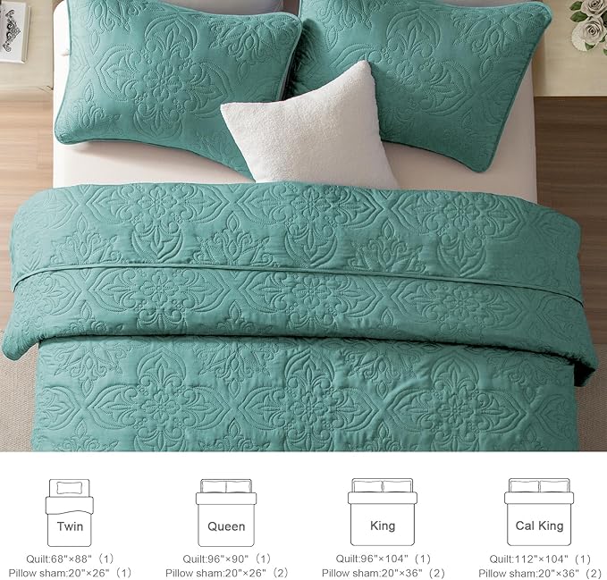 Whale Flotilla Soft King Quilt Bedding Set for All Seasons, Elegant Vintage Damask Ultrasonic Quilts Set, Lightweight Reversible Bedspread, Coverlet, Bed Cover with 2 Pillow Shams, Turquoise Green