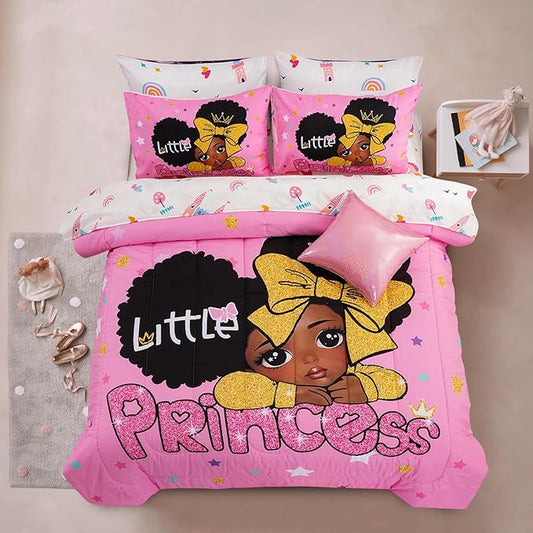 A Nice Night Black Girl Little Princess Comforter Set, Pink 6Pcs Bed in A Bag Queen Size Sparkling Stars Bedding Set,for Kids, Girls
