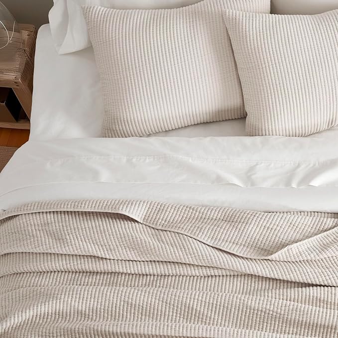 EVERGRACEHOME Cotton Coverlet Set Full Queen Size 3 Pieces, Lightweight Soft Ribbed Matelassé Bedspread Quilt Set, Cozy Oversized Quilted Bedding Set with 2 Pillow Shams for All Seasons, Birch