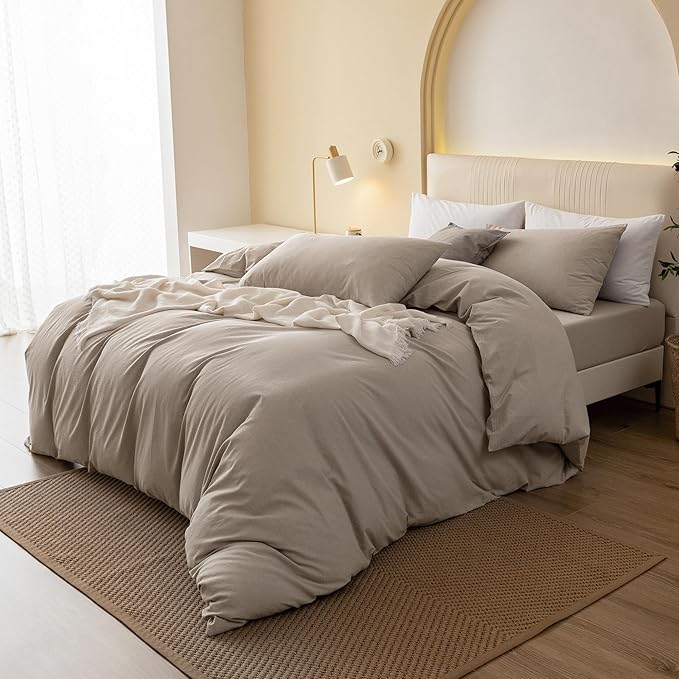 JIYUAN 100% Washed Cotton Duvet Cover Set 2 Pieces Twin, 1 Duvet Cover 68x90 Inches (Comforter Not Included) and 1 Pillowcases,Linen Feel Bedding Set Comfy and Breathable, Heathered Tannish Linen Grey