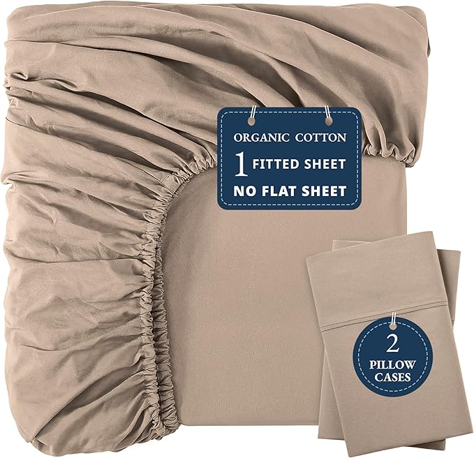 LANE LINEN Full Fitted Sheet, 100% Organic Cotton, 3-Piece Set (1 Fitted Sheet,2 Pillowcases), Percale Weave, Full Bed Bottom Sheet, Ultra Soft, Fits Mattress Upto 15" Deep - Taupe(No Flat Sheet)