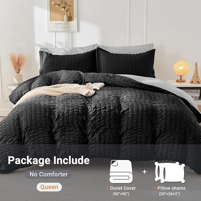 HYMOKEGE Black/Light Grey Duvet Cover King Size, Ultra Soft 3-Piece Seersucker Duvet Cover Set with Zipper Closure, Soft Brushed Microfiber Bedding Set with 8 Corner Ties (104"x90", 2 Pillowshams)