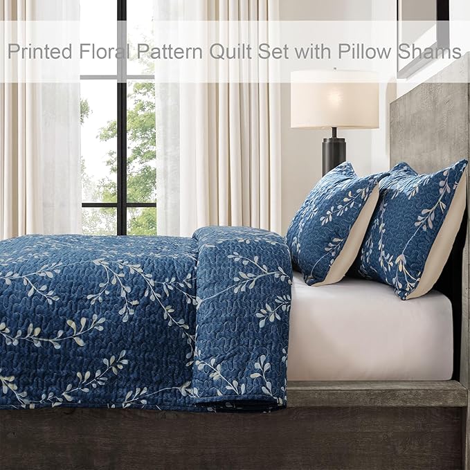 Exclusivo Mezcla Reversible Boho Quilts King Size, Navy Bedspreads Lightweight Coverlet All Season Flowers Quilt Bedding Set with Printed Floral Pattern (1 Quilt, 2 Pillow Shams)