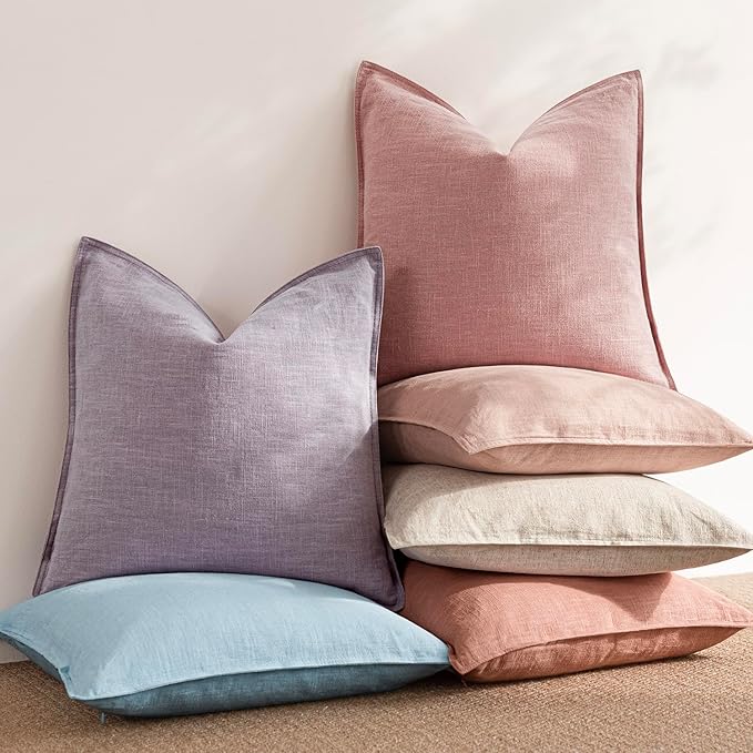 Foindtower Pack of 2, Decorative Linen Soild Throw Pillow Covers Soft Accent Cushion Euro Case Boho Farmhouse Pillowcase for Chair Couch Sofa Bedroom Living Room Home Decor 26 x 26 Inch Rose Pink