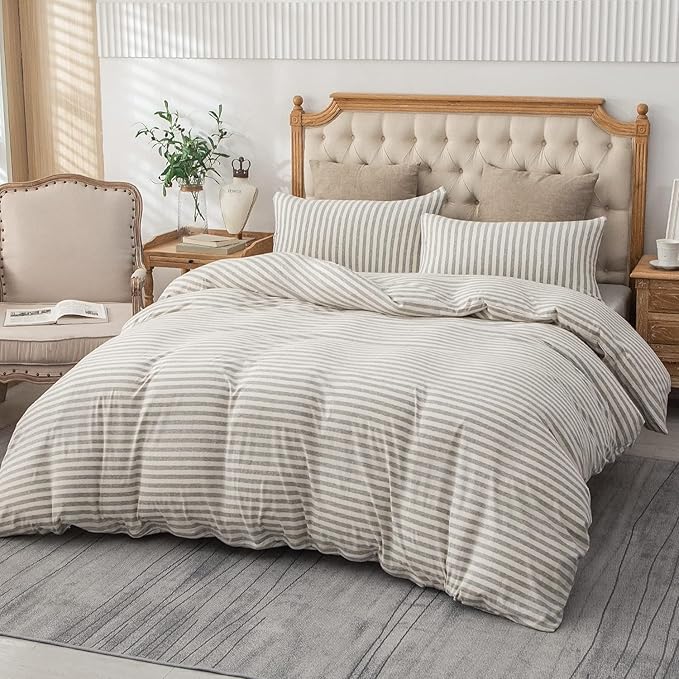PURE ERA Jersey Knit Duvet Cover Set 100% T-Shirt Heather Cotton Super Soft Comfy Classic Striped Design, with Zipper Closure, Grey & White Stripe, Full
