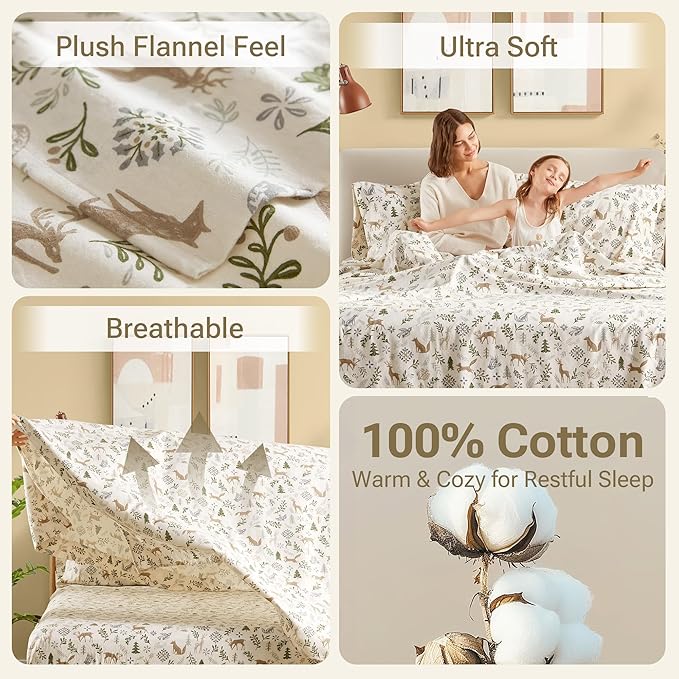 Sleep Philosophy True North 100% Cotton Flannel Sheets King Size, Cozy Flannel Sheet Set Brushed for Extra Softness, Heavyweight Novelty Print Warm Flannel Bedding Set, Tan Woodland Winter 4 Piece