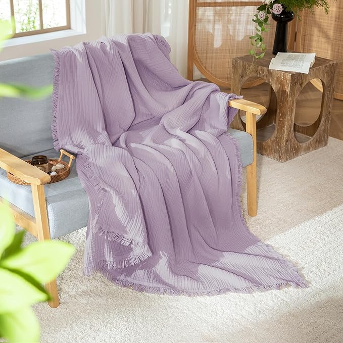 MooMee Muslin Blanket - 100% Cotton 4-Layer Gauze Throw Blanket with Tassels Ultra-Soft Breathable Lightweight Cooling for Bed Couch (Light Purple, Queen 90" x 90")