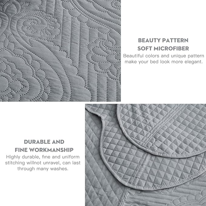 HZ & HY Oversized King Bedspread 128x120 Extra Wide, Ultrasonic Coverlet Bedding Set, Lightweight Thin Comforter, Reversible, 5 Piece, 100% Microfiber, Grey