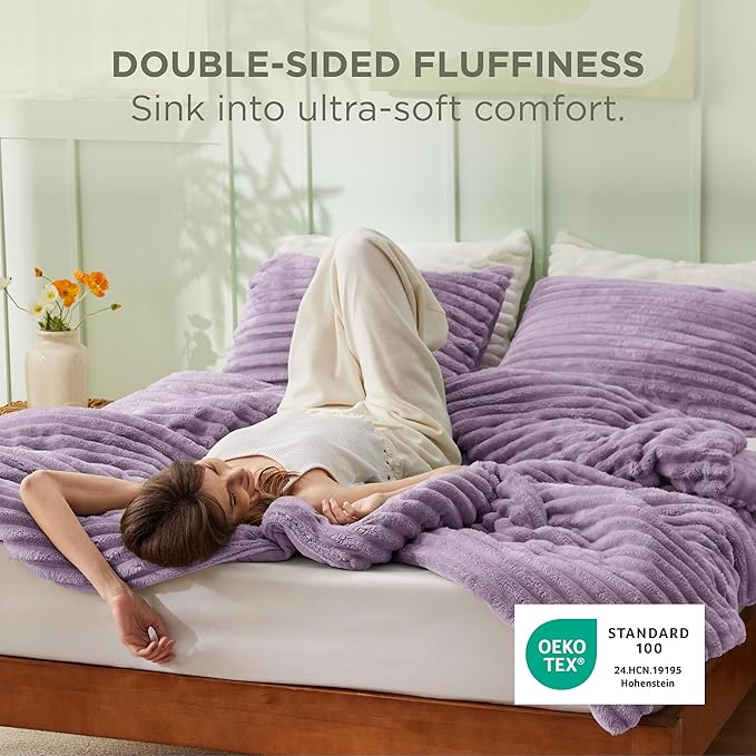 Bedsure Queen Comforter Set - GentleSoft™ 3 Pieces Fluffy Double-Side Fleece Comforter Set, Cozy Striped Room Decor Aesthetic, Luxury Light Purple Bedding Queen Size with 2 Pillowcases, 90x90 Inches